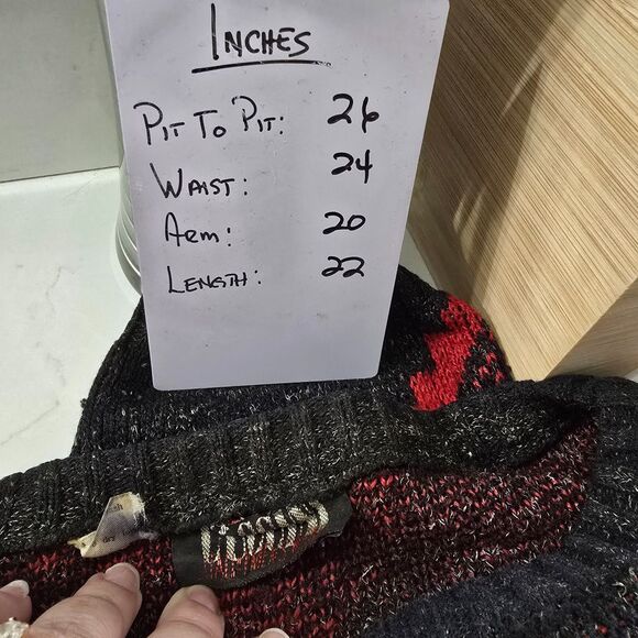 Vtg 80s Cuccini Italian Red Black Mens Sweater Sz XL Grandpa Geometric Warm Cozy - Picture 5 of 8